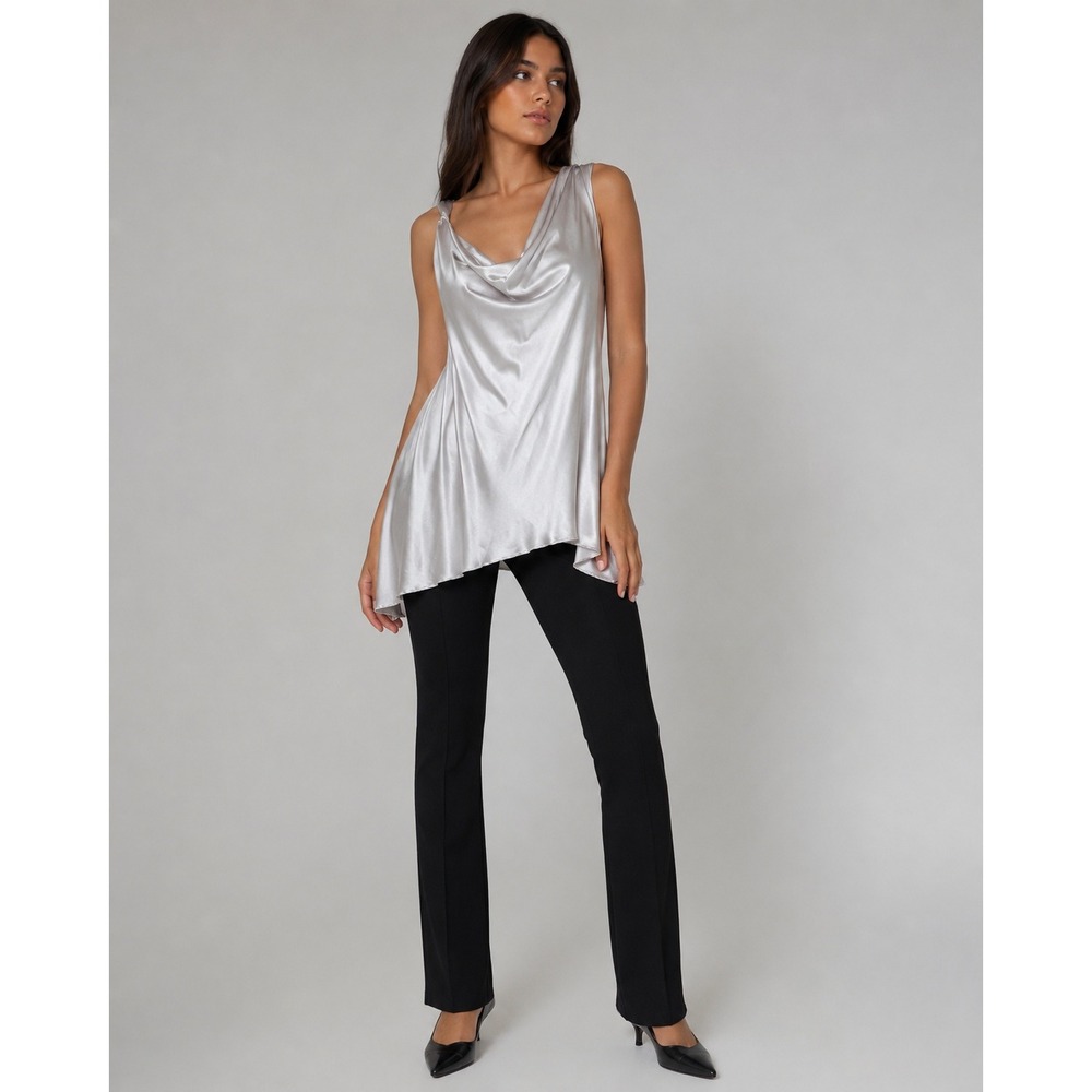 Madison Marcus Silk Silver Cowl Neck Asymmetrical Tunic Top Size L